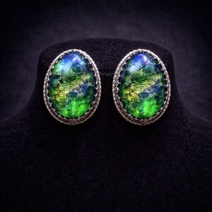 Whiting & Davis Silver Dragon’s Breath Green Art Glass Jelly Belly Earrings